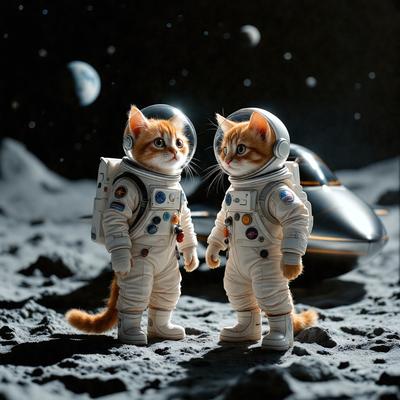 The primary subject of the image is a pair of cat figurines, each wearing a space suit. They are standing on a surface that resembles a moon, with a backdrop of a space shuttle. The visual style of the image is a digital art, and the colors and mood are predominantly white and black, giving the scene a futuristic and space-themed atmosphere.